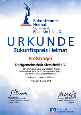 Urkunde "Zukunftspreis Heimat" Sierscheid
